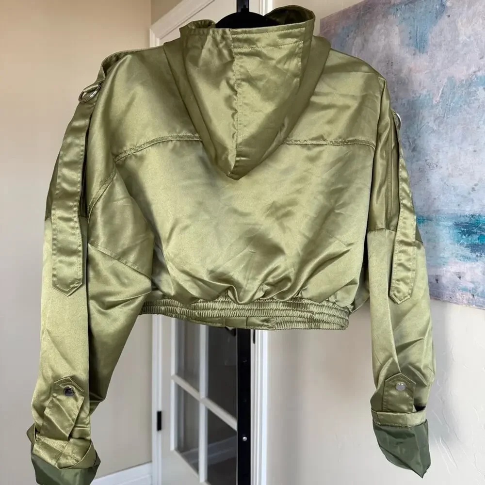New Pretty Little Thing Womens Satin Oversized Hooded Bomber Jacket Sage Green 6 - Picture 7 of 9